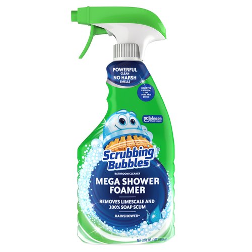 Scrubbing Bubbles Mega Bathroom and Shower Cleaner Spray, Foaming Action Removes Limescale and Soap Scum, Rainshower Scent, 32oz