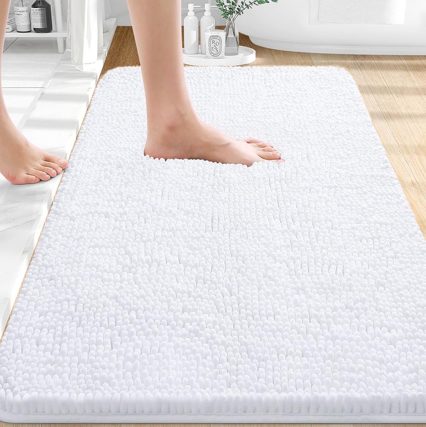 OLANLY Bathroom Rugs - Extra Soft Chenille Bath Mats with Rubber Backing | 36x24, Quick Dry, Machine Washable, White