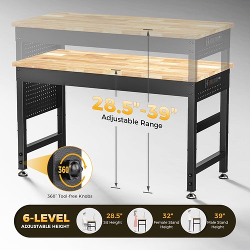 CAMMOO Adjustable Heavy Duty Workbench - 2000 LBS Capacity Rubber Wood Table with Pegboard & Power Outlets | Ideal for Garage, Workshop, Home