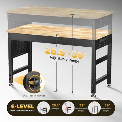 CAMMOO Adjustable Heavy Duty Workbench - 2000 LBS Capacity Rubber Wood Table with Pegboard & Power Outlets | Ideal for Garage, Workshop, Home
