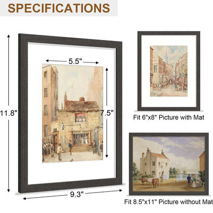 Vittanly 8.5x11 Picture Frame, Solid Wood Frame with Plexiglass, Includes 6x8 Mat, Wall Hanging or Tabletop for Photos, Home Decor, Charcoal Black, 1 Pack