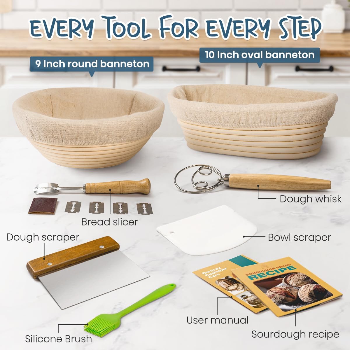 RORECAY Sourdough Bread Proofing Basket Set - 9" Round & 10" Oval Cane Baskets with Dough Tools