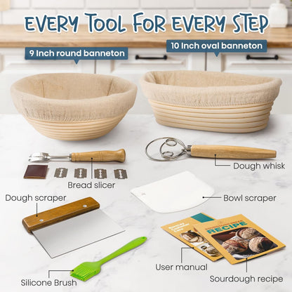 RORECAY Sourdough Bread Proofing Basket Set - 9" Round & 10" Oval Cane Baskets with Dough Tools