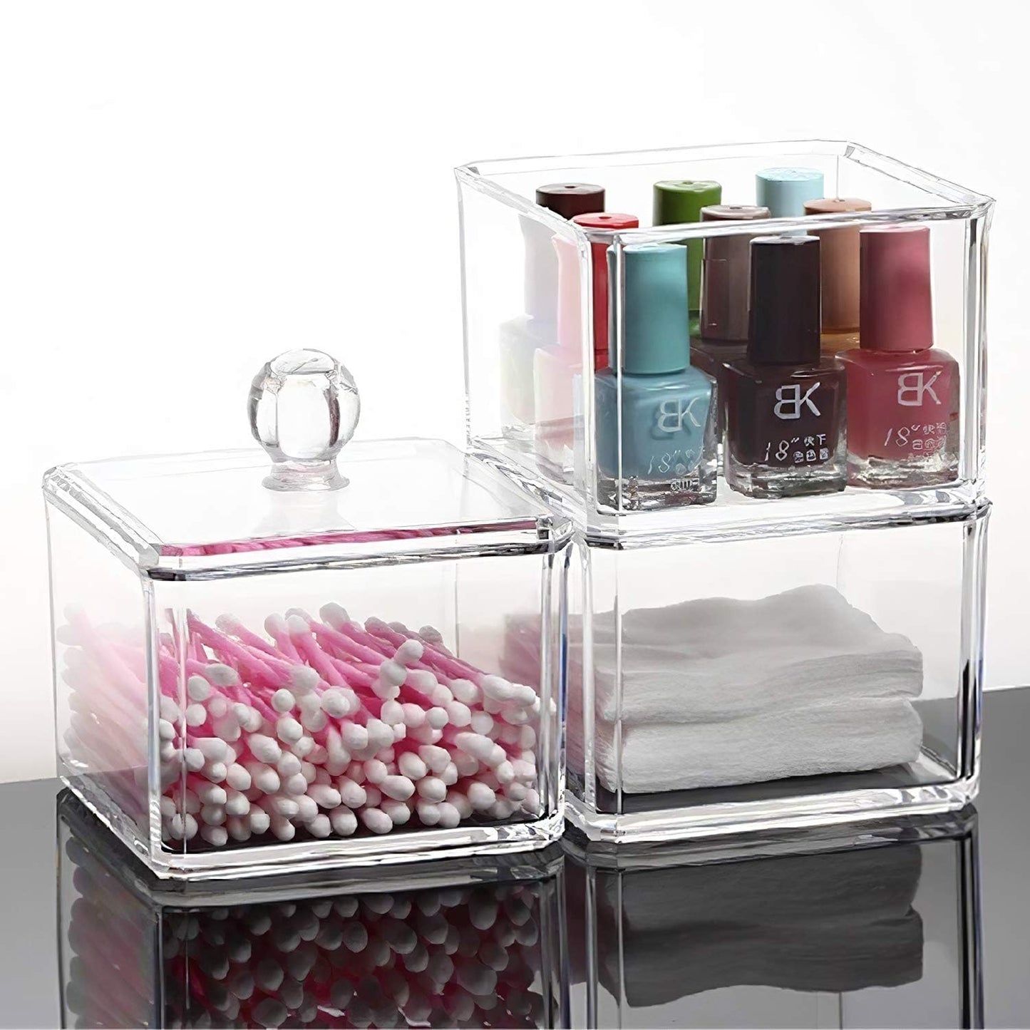 Skiennix Stackable Square Acrylic Cotton Ball Holder - Elegant Q-Tip Dispenser for Bathroom | Single Pack