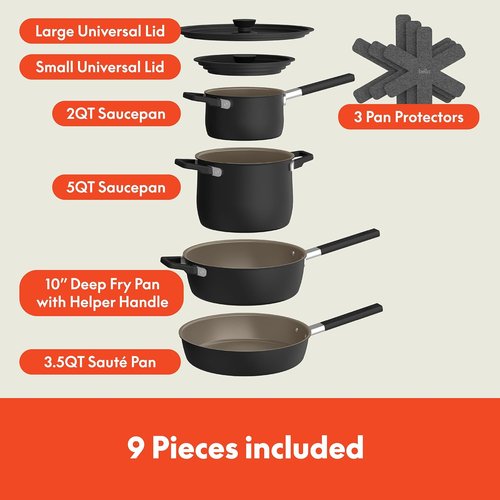 Bella 9-Piece Ceramic Nonstick Cookware Set - EverGood™ Coating, Dishwasher Safe, Black | Stackable Design