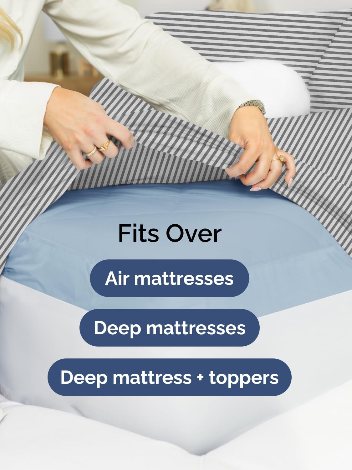 Skiennix Extra Deep Split King Sheet Set - 7 Piece Breathable Cooling Bedding - Soft, Wrinkle-Free Grey Stripes