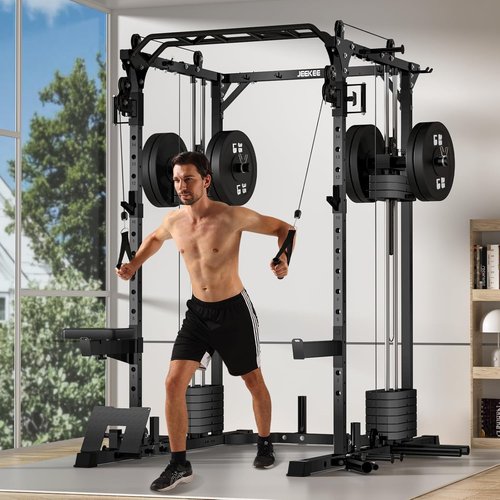 JEEKEE Power Cage - Heavy Duty 2200LB Rack with Cable Crossover & 180LB Weight Stack | 20+ Attachments for Home Gym