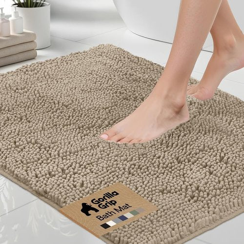 GORILLA GRIP Bath Rug Mat - Thick Absorbent Chenille | Quick Dry Microfiber, 44x26, Gray Beige