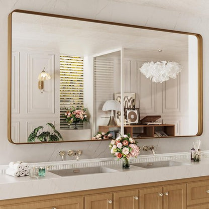 LOAAO Bathroom Mirror - 84x32 Inch Rounded Rectangle Design with Wood Grain Metal Frame | Anti-Rust, Versatile Hanging Options