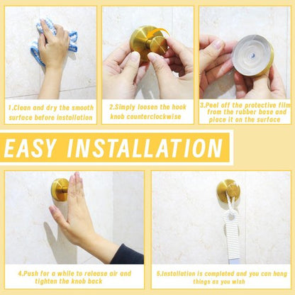 Benvo Suction Cup Hooks - No Drill Stainless Steel Hanging Hooks for Bathroom & Kitchen | 2 Pack, Gold