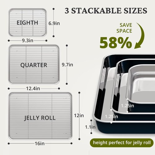 BRONYPRO Stainless Steel Baking Sheet Set - Non-Toxic Cookie Sheets with Wire Racks | 9/12/16 Inch, Navy