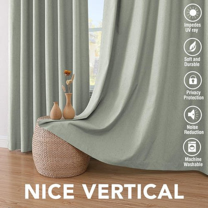 H.VERSAILTEX Linen Blackout Curtains 72 Inches Long 100% Absolutely Blackout Thermal Insulated Textured Linen Look Curtain Draperies Anti-Rust Grommet, Energy Saving with White Liner, 2 Panels, Sage