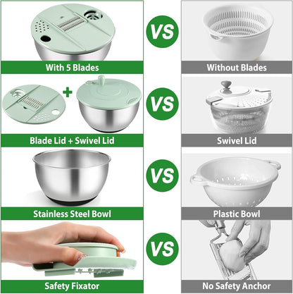 Salad Spinner - Stainless Steel 5.3-Quart Lettuce Washer with 5 Blades Slicer | Perfect for Healthy Home Cooking