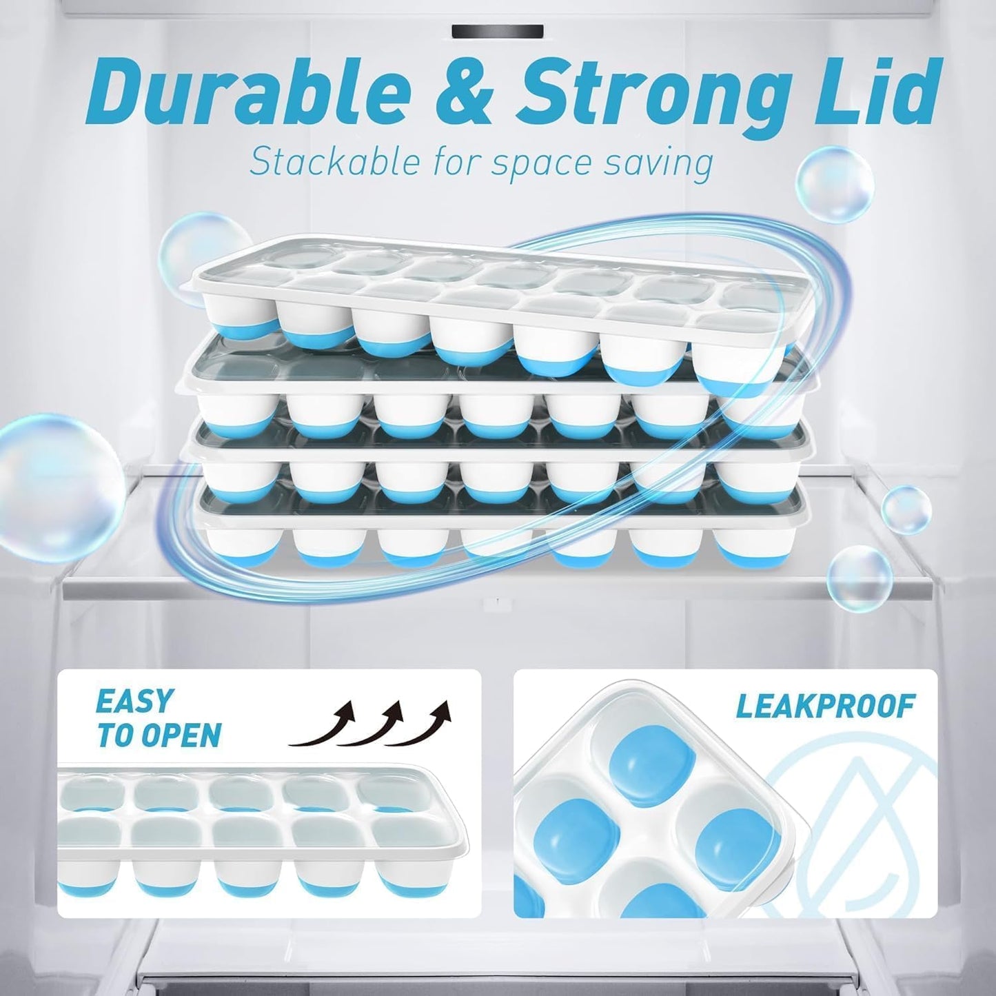Skiennix Ice Cube Tray - Durable Stackable 4-Pack with Removable Lids | Easy-Release Plastic & Silicone for Cocktails & Coffee