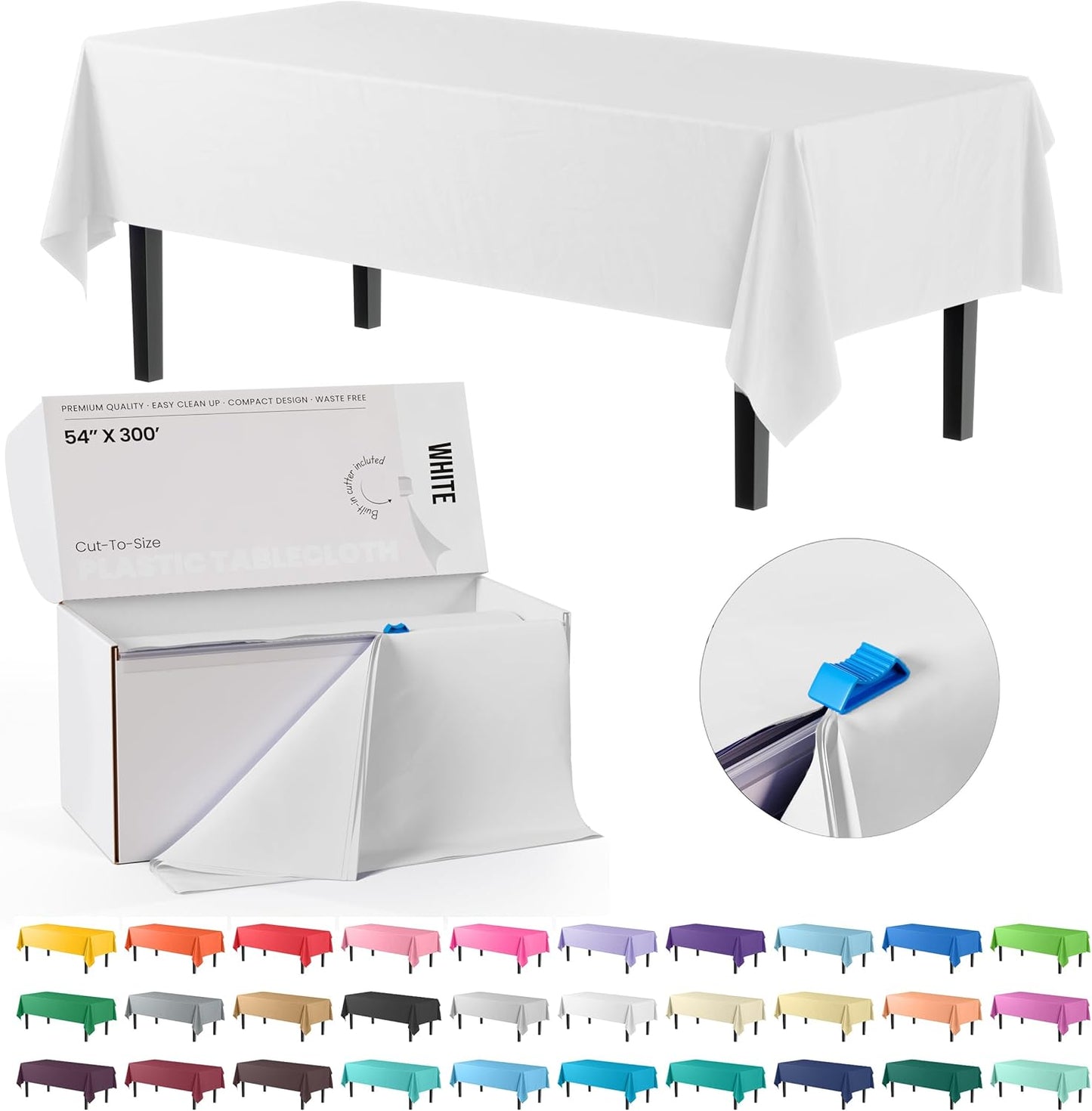 Party Solids | 54-Inch X 300-Feet White Plastic Table Cover Roll - Convenient Slide Cutter Included