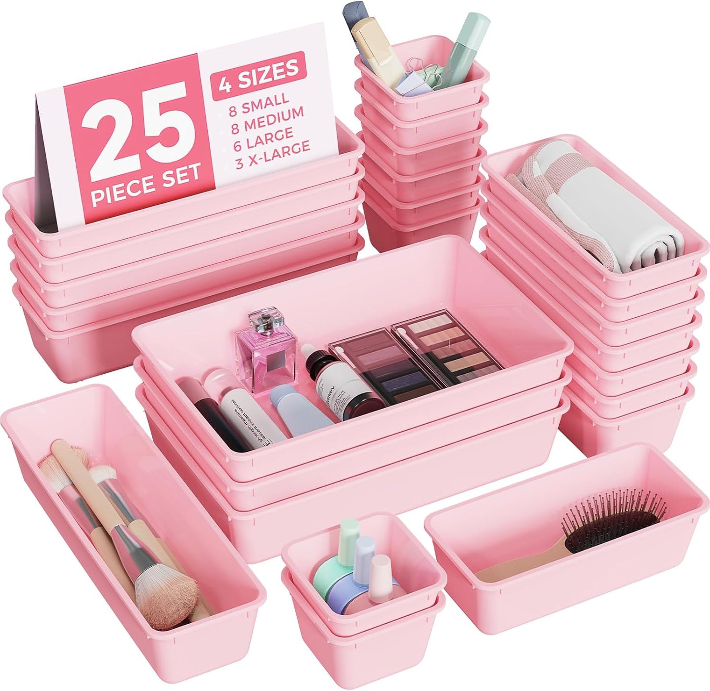 BiuLeon 25 PCS Plastic Drawer Organizers Set - Versatile Vanity & Makeup Storage | 4 Sizes in Pink
