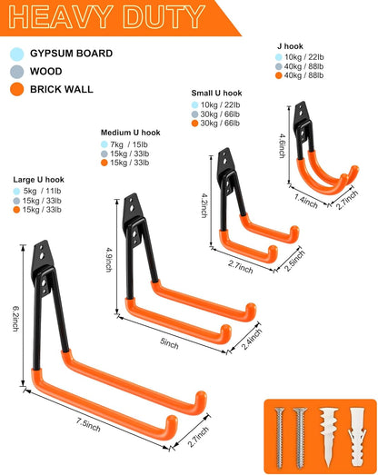 QcoQce Heavy-Duty Garage Hooks - 14 Pack Wall Mount Storage Solution for Bikes, Ladders & Tools | Orange