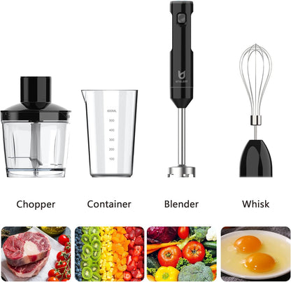 UTALENT Cordless Hand Blender - Variable Speed Immersion Blender with Chopper & Whisk | Black, 500ml & 600ml