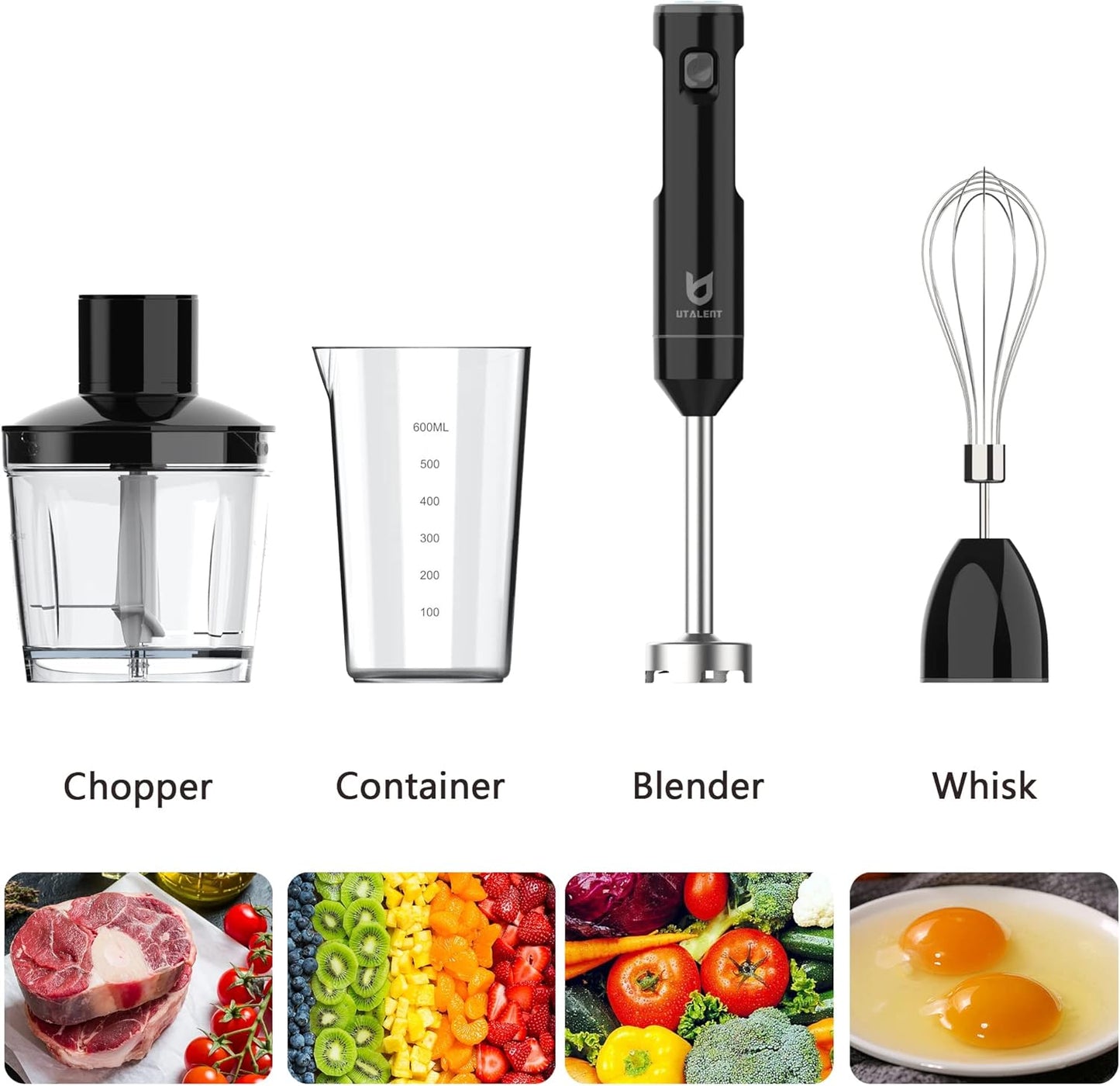UTALENT Cordless Hand Blender - Variable Speed Immersion Blender with 500ml Chopper & Whisk | Black