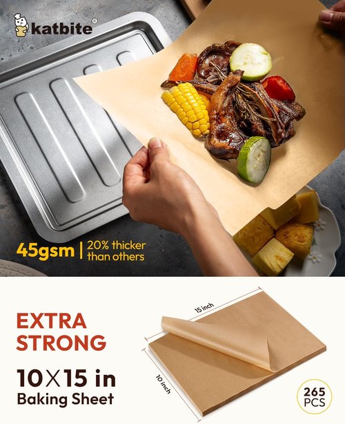 Katbite Parchment Paper Sheets - 265 Pcs Heavy Duty Unbleached Baking Paper | 10x15 Inches, Oil Proof for Steaming & Wrapping Foods