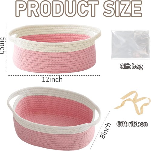 JMvicyroam Woven Basket - Small Rope Storage Bin with Handles | Stylish Organizer for Shelves & Closets - White & Pink (2 Pack)