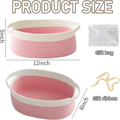 JMvicyroam Woven Basket - Small Rope Storage Bin with Handles | Stylish Organizer for Shelves & Closets - White & Pink (2 Pack)