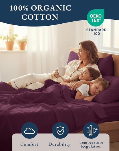 LANE LINEN 100% Organic Cotton Queen Sheets - Soft & Breathable Classic Percale, Machine Washable - Windsor Wine