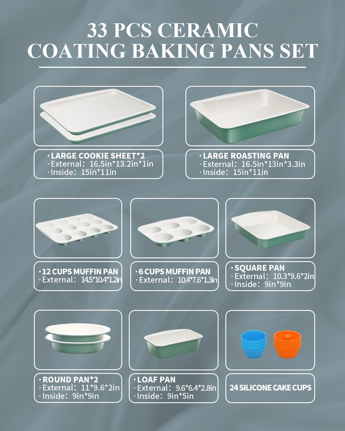 Skiennix Ceramic Nonstick Baking Pans Set - 33 PCS Stackable Bakeware, 550°F Oven Safe, Dishwasher Safe (Green)