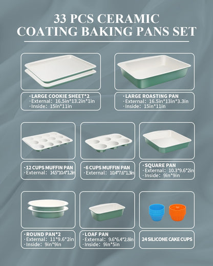 Skiennix Ceramic Nonstick Baking Pans Set - 33 PCS Stackable Bakeware, 550°F Oven Safe, Dishwasher Safe (Green)