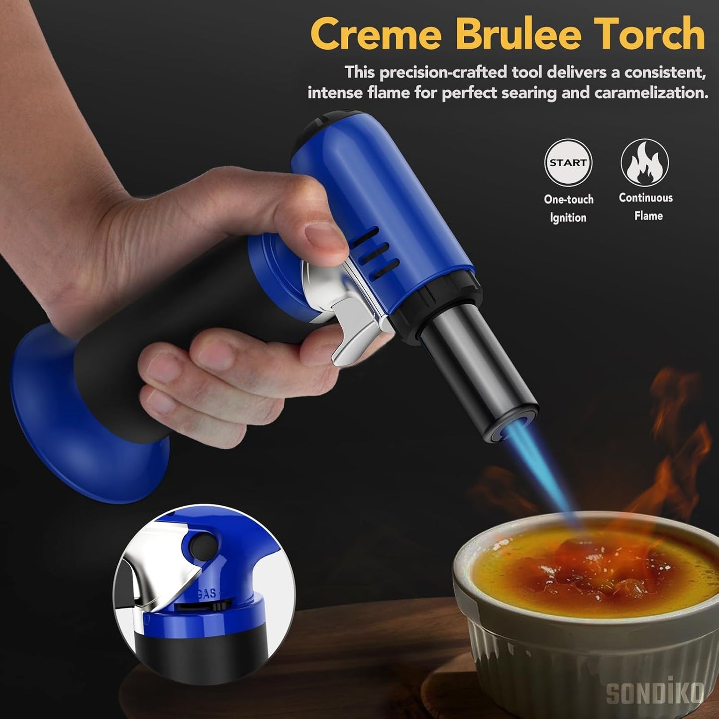 Sondiko Butane Torch - Adjustable Kitchen & BBQ Lighter for Welding | Blue & Black Design