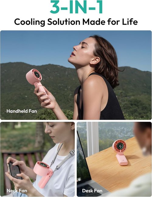 Aecooly Portable 3-in-1 Turbo Handheld Fan - USB Rechargeable, 22H Max Cooling Time, Pink