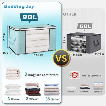 Budding Joy 90L Large Storage Bags - 6 Pack Foldable Closet Organizers for Clothes & Blankets | Blue