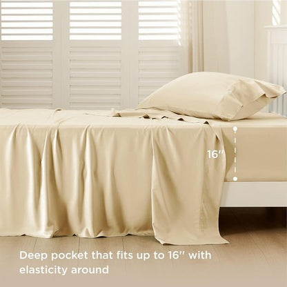 Bedsure Cooling Twin Sheets - Breathable Rayon from Bamboo | Soft, Deep Pocket Up to 16 Inches, Hotel Luxury Alabaster Gleam