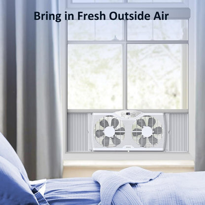 shinic Twin Window Fan, 9-Inch Blades Reversible Airflow, Thermostat Control, 3 Speeds, 23.8"-37" Expandable Width, Window Exchaust Fans for Home Bedroom, ETL Certified