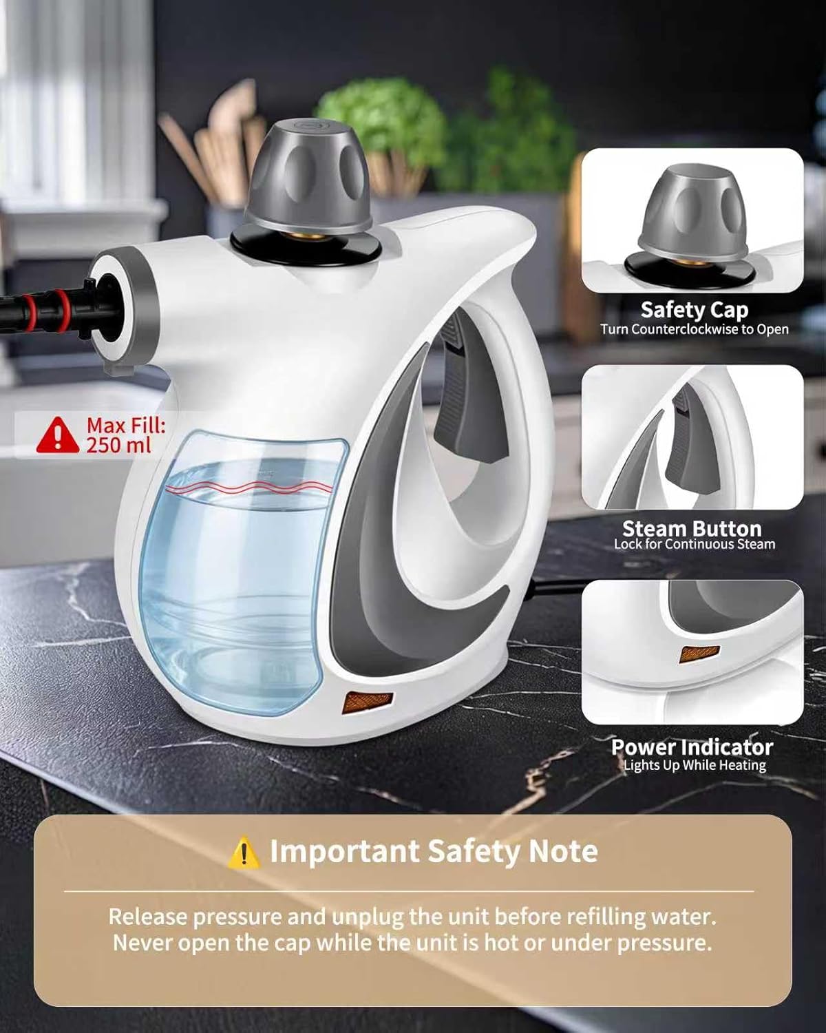 Skiennix Pressurized Handheld Steam Cleaner - 12-Piece Accessory Set for Multi-Surface Deep Cleaning | Dark Gray