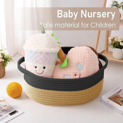 JMvicyroam Woven Basket - Small Rope Storage Bin with Handles for Organizing Shelves | Black & Jute, 3-Pack