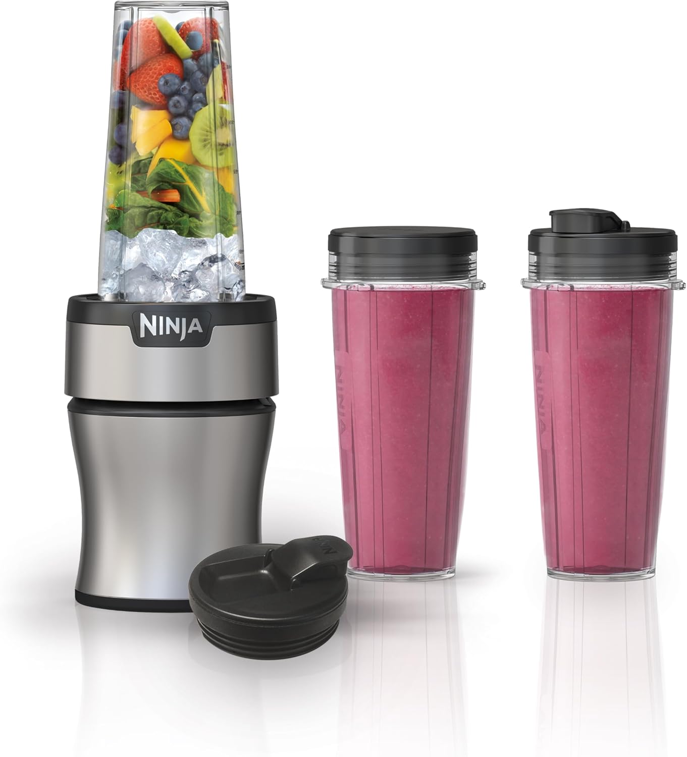 Ninja Nutri-Plus Personal Blender - Compact Push-To-Blend for Smoothies & Frozen Drinks | 3 To-Go Cups & Lids | 900 Peak Watts | Silver | BN301