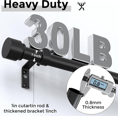 VOIIY Heavy Duty Curtain Rods - Adjustable 66 to 120 Inch, Black 1'' Diameter with Modern End Caps