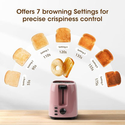 iSiLER 2-Slice Toaster - 1.3-Inch Wide Slot Bagel Toaster with 7 Shade Settings | Pink Finish, Removable Crumb Tray