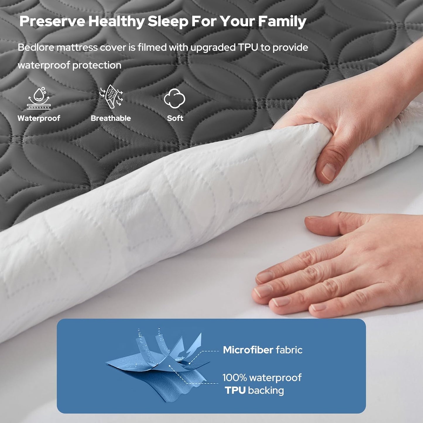 BEDLORE Waterproof Mattress Protector - California King Size, Soft Noiseless Cover for Deep Pocket Mattresses (Gray)