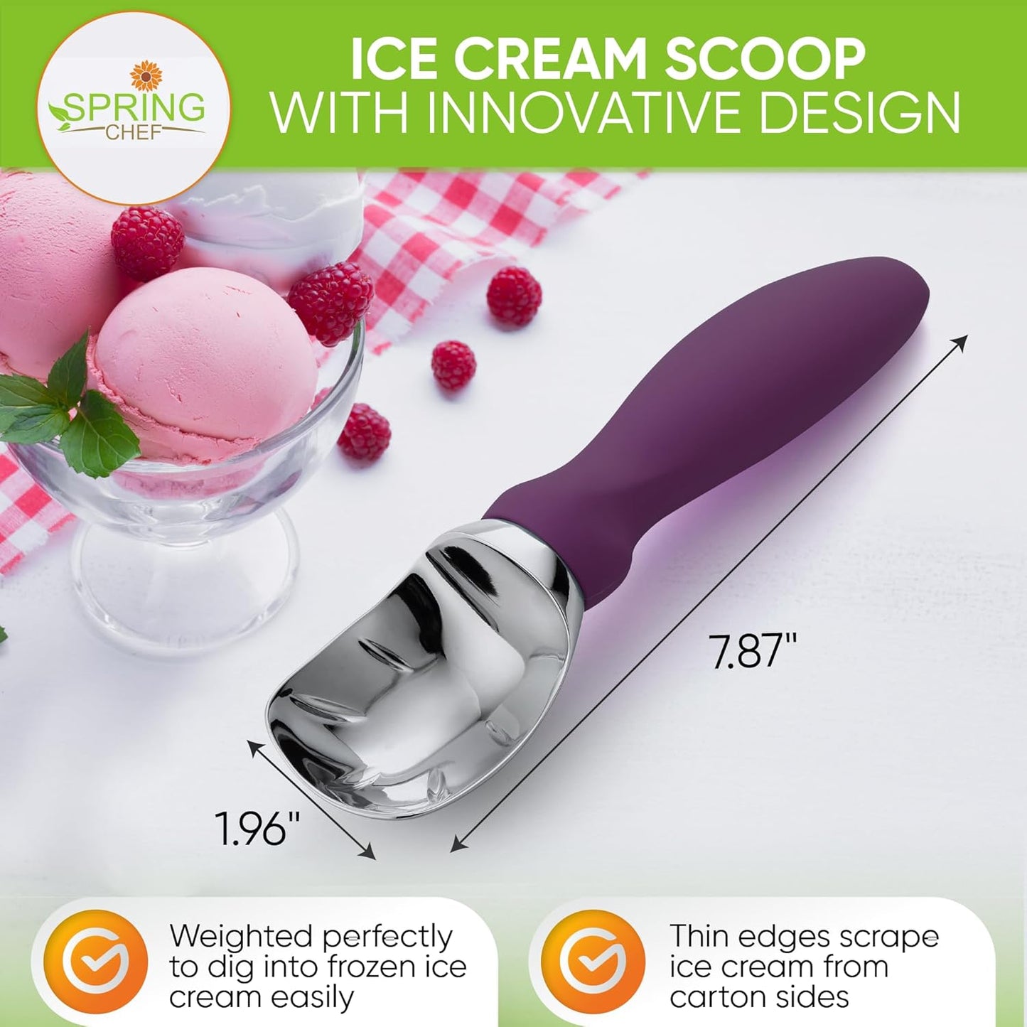 Spring Chef Ice Cream Scoop - Professional Heavy-Duty Scooper with Soft Grip Handle | Purple Color