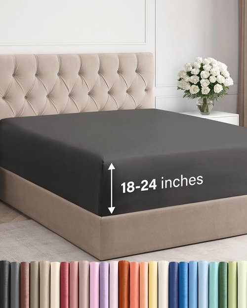 Extra Deep Queen Fitted Sheet - Hotel Luxury Single Fitted Sheet Only - Easily Fits 18 inch to 24 inch Mattress - Ultra Soft, Wrinkle & Fade Free w/Extra Deep Pockets - Breathable & Comfy - Charcoal