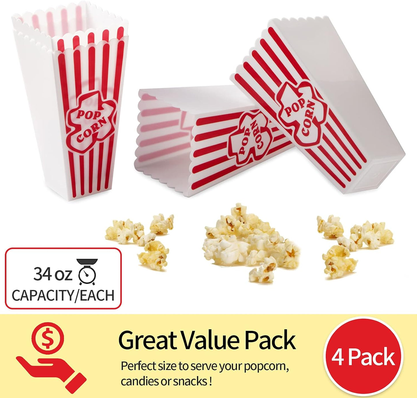 Red & White Striped Retro Popcorn Containers by [Brand Name] - Reusable Movie Night Boxes | 4 Pack, 4”x8”