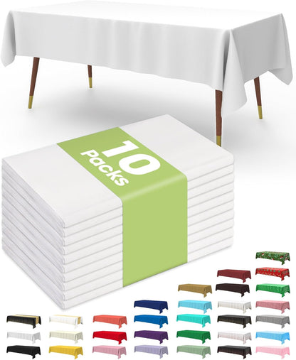 Pureegg Disposable Plastic Tablecloths - 10 Pack, 54 x 72 Inch, Sturdy & Leakproof for Parties, Picnics, Weddings | White