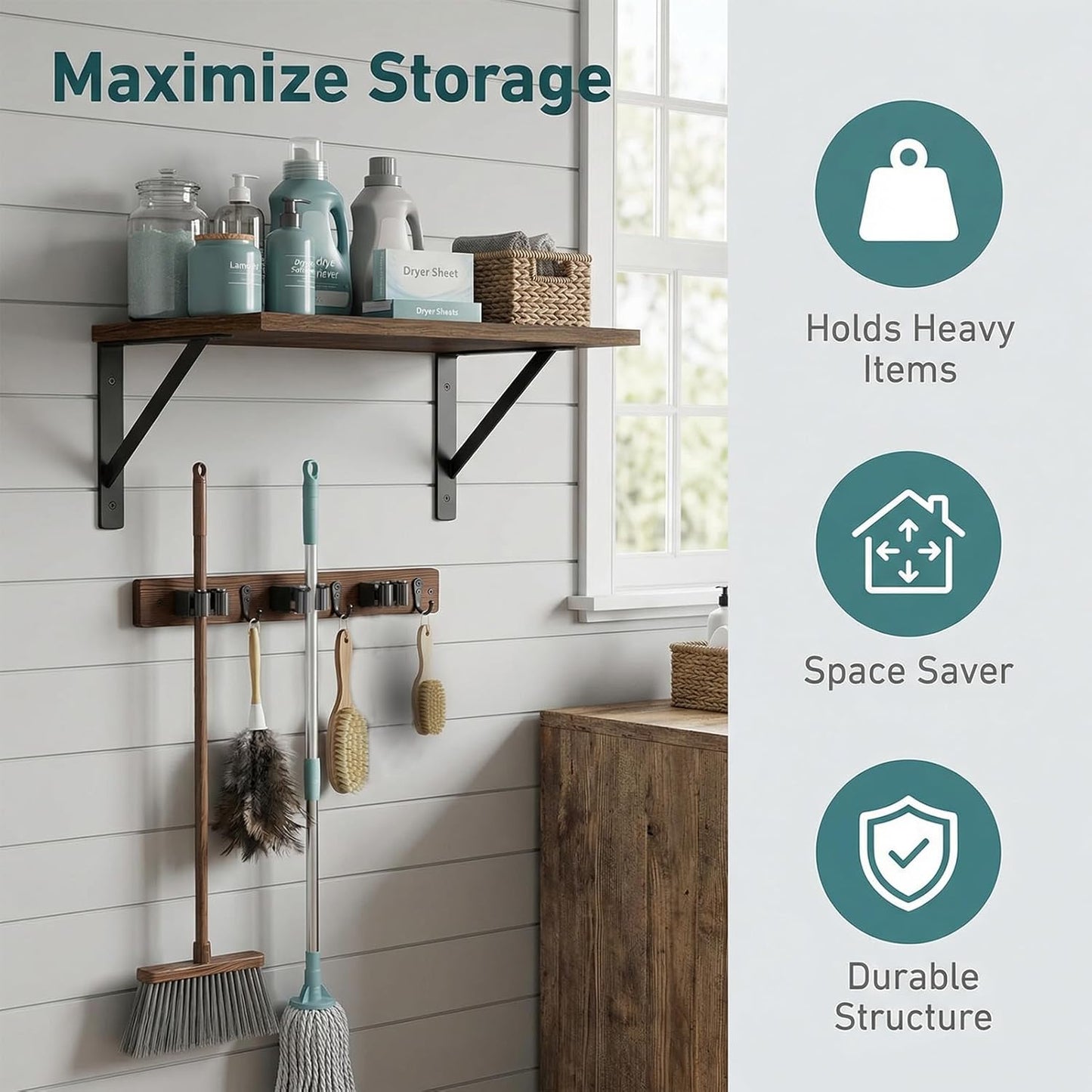 Skiennix Broom and Mop Organizer - Rustic Wood Wall-Mounted Storage Rack for Laundry Room | Brown