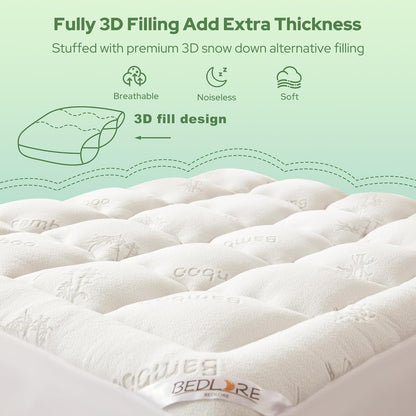 BEDLORE Twin XL Mattress Topper - Soft Bamboo Viscose Pillow Top for Deep Pocket Comfort | Ideal for College Dorms