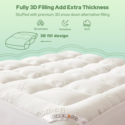 BEDLORE Twin XL Mattress Topper Viscose Derived from Bamboo, Thick Pillow Top Mattress Pad with Deep Pockets for 6-15 inches Mattress, Soft Mattress Topper College Dorm Size for Back Pain Relief