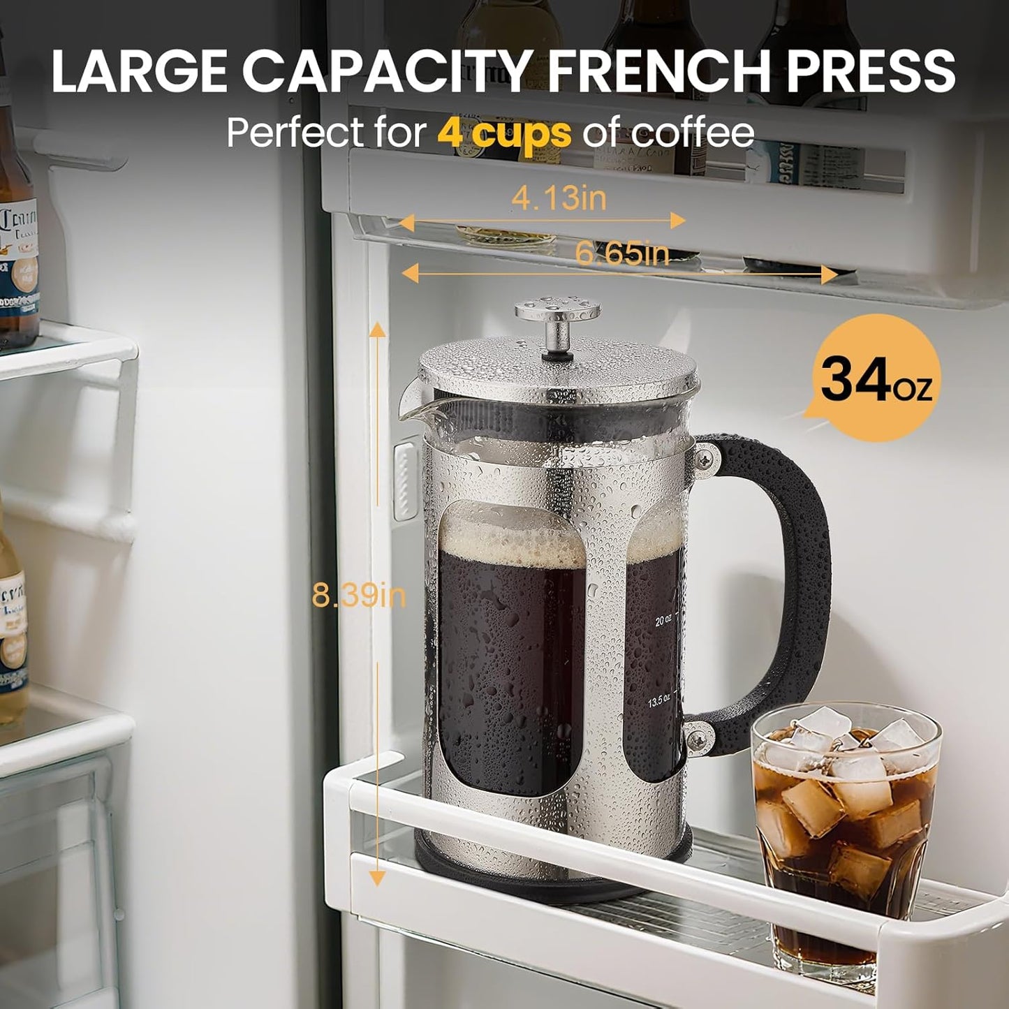 Veken French Press - 34oz Dark Pewter & Silver - Premium Coffee Maker for Rich Flavor