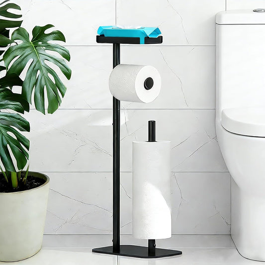 Regine Switzerland Free Standing Toilet Paper Holder - Rustproof Metal with Anti-Slip Base & Top Shelf, Black
