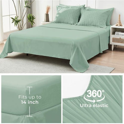 HYMOKEGE Sage Green California King Comforter Set Seersucker 7 Pieces, All Season Luxury Bed in a Bag for Bedroom, Bedding Set with Comforters, Sheets, Pillowcases & Shams